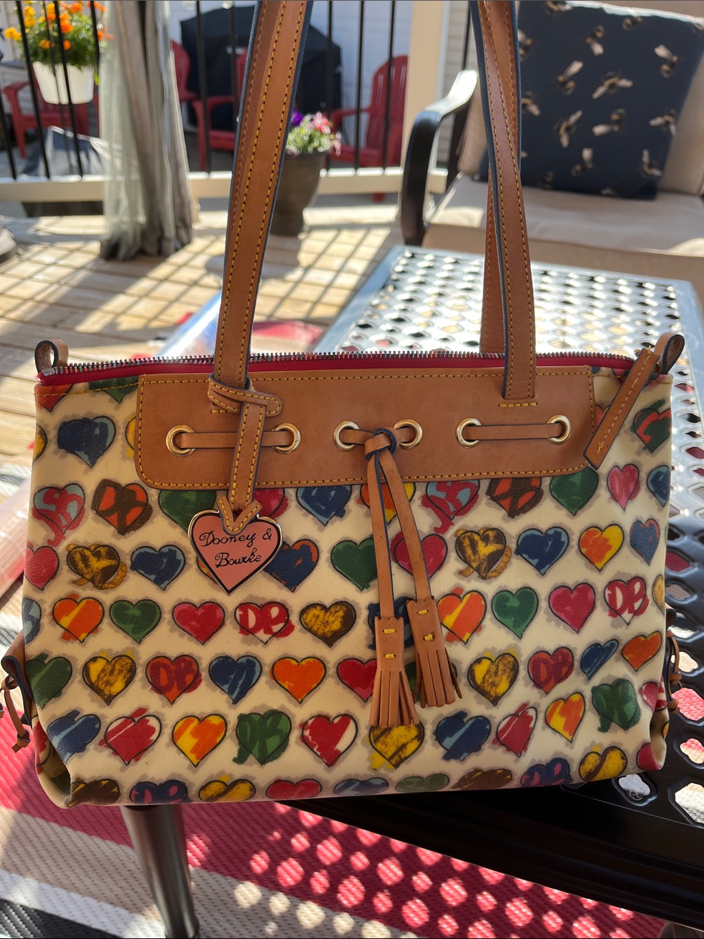 Dooney & Bourke Multicolor Heart Print Tote With Tan Leather Trim